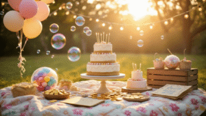 Ultimate Guide to Kids' Birthday Party Games: Fun, Laughter, and Memories Children's birthday party setup with a luxurious dessert table, colorful treasure hunt props, giant bubbles, vibrant pinata, and whimsical decorations in warm golden hour lighting.