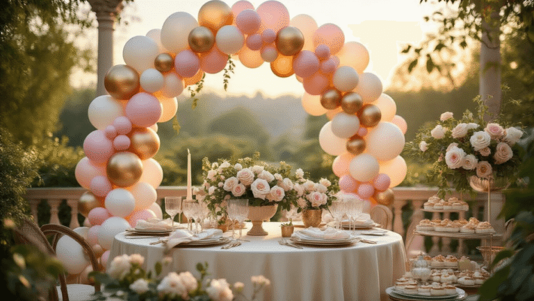 Magical Mother's Day Balloon Decor: The Ultimate Styling Guide Photorealistic image of a luxurious garden terrace adorned with a pastel balloon arch, vintage tablescape, and dessert cart, featuring warm golden hour lighting and delicate floral accents.