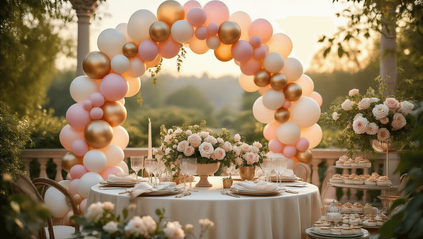 Photorealistic image of a luxurious garden terrace adorned with a pastel balloon arch, vintage tablescape, and dessert cart, featuring warm golden hour lighting and delicate floral accents.