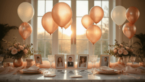 Balloons with Pictures: The Ultimate Personalized Party Decor Guide Elegant party setup featuring floating Mylar photo balloons with family portraits, gold ribbons, crystal glassware, and rose gold centerpieces, illuminated by warm sunlight, evoking nostalgia and celebration.