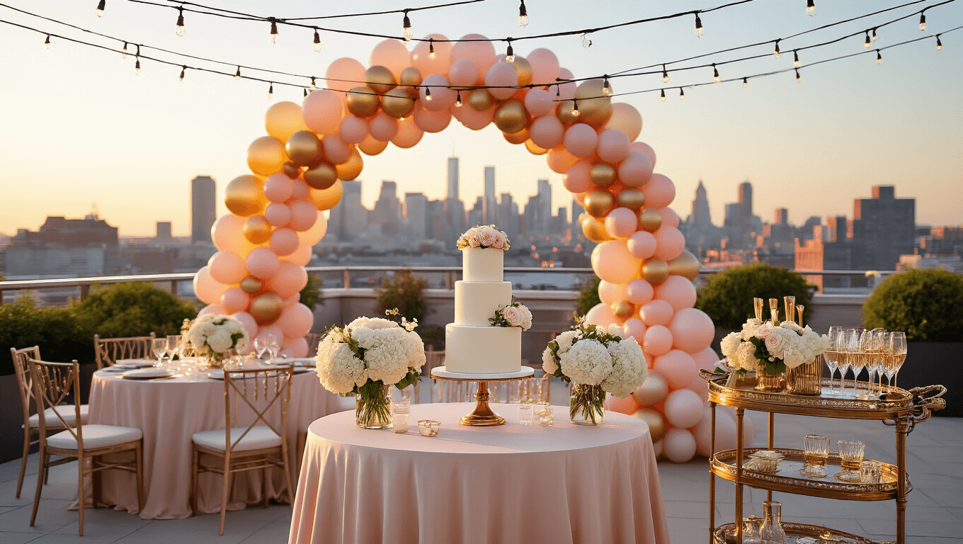 Elegant rooftop birthday celebration at golden hour, featuring an ombré balloon arch, silk-draped tables with floral centerpieces, and a vintage bar cart with a decorated cake, all illuminated by twinkling fairy lights against a city skyline.