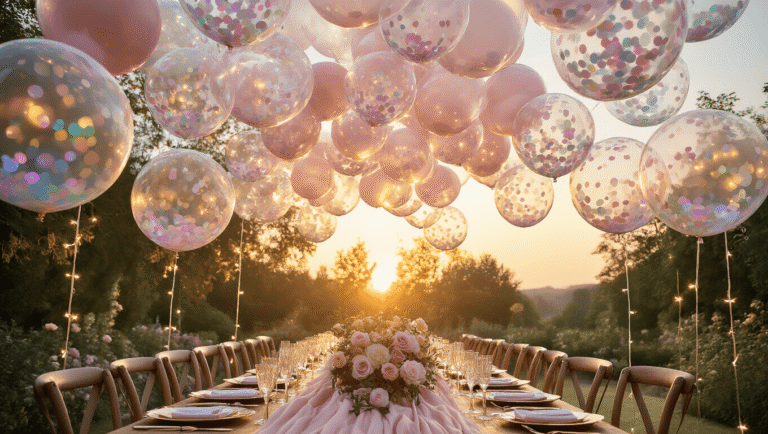 Floating Balloons: The Ultimate Guide to Magical Event Decor A luxurious garden party at golden hour featuring a long wooden table set with blush silk linens, surrounded by bubble balloons filled with iridescent confetti and intertwined fairy lights, with stylish guests mingling and dappled sunlight creating a magical atmosphere.
