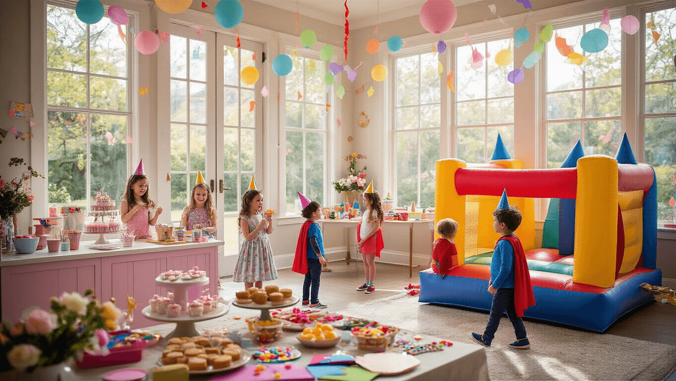 A vibrant indoor-outdoor birthday party scene featuring children in superhero capes at various activity stations, including cupcake decorating and arts and crafts, with fairy lights overhead and a professionally styled dessert table in the foreground.