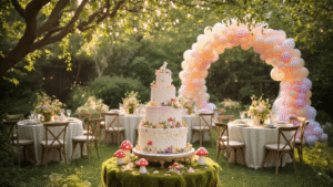 Ultimate Guide to Kids Birthday Party Packages: Creating Memorable Celebrations A whimsical fairy garden birthday party scene at golden hour, featuring a tiered cake, floral centerpieces, and young guests in fairy wings surrounded by twinkling lights and a pastel balloon arch.