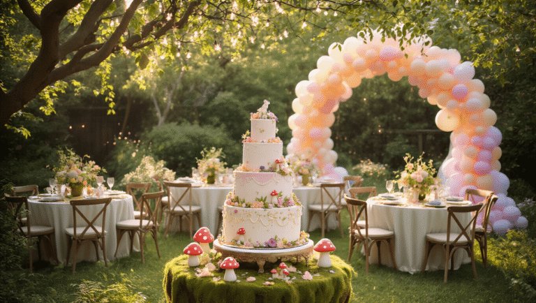 Ultimate Guide to Kids Birthday Party Packages: Creating Memorable Celebrations A whimsical fairy garden birthday party scene at golden hour, featuring a tiered cake, floral centerpieces, and young guests in fairy wings surrounded by twinkling lights and a pastel balloon arch.