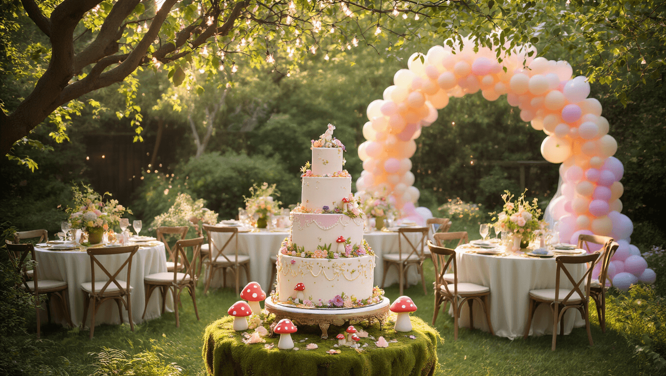 A whimsical fairy garden birthday party scene at golden hour, featuring a tiered cake, floral centerpieces, and young guests in fairy wings surrounded by twinkling lights and a pastel balloon arch.