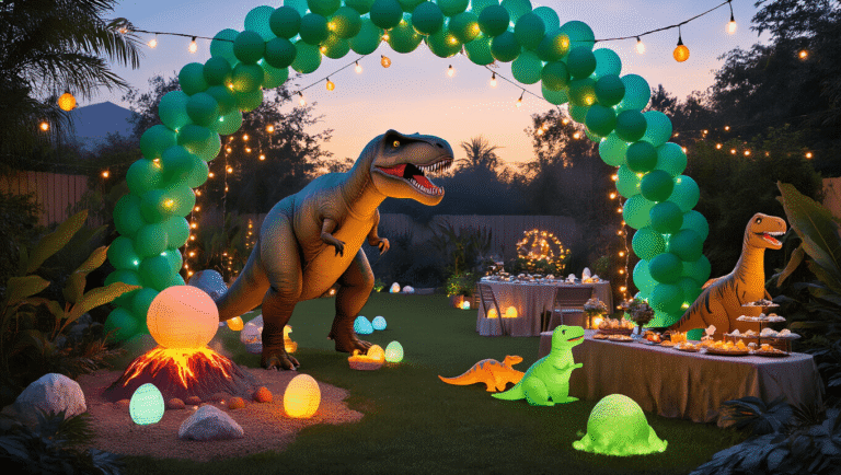 Roaring Good Times: The Ultimate Guide to Throwing an Epic Dinosaur Birthday Party Photorealistic scene of a dinosaur-themed backyard party at twilight, featuring a large balloon arch, T-Rex cutout, illuminated fossil dig site, glowing dino eggs, a volcano cake with smoke, and children in dinosaur costumes amid lush foliage, all bathed in warm fairy lights.
