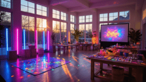 Epic Teen Birthday Party Ideas That Will Make Memories (Not Crickets!) Epic teen birthday party setup featuring neon lights, craft stations, an outdoor movie screen, and colorful food stations in a modern home during golden hour.