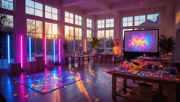 Epic Teen Birthday Party Ideas That Will Make Memories (Not Crickets!) Epic teen birthday party setup featuring neon lights, craft stations, an outdoor movie screen, and colorful food stations in a modern home during golden hour.