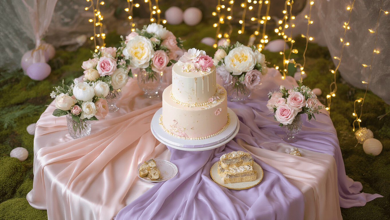 Cinematic overhead view of a fairy wonderland first birthday party setup with pastel silk linens, a tiered cake adorned with flowers, elegant floral arrangements, golden fairy lights, plush cushions, and whimsical decorations.