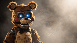 FNAF Cosplay: Your Ultimate Guide to Becoming an Animatronic Legend A detailed Freddy Fazbear cosplay costume featuring rich brown fur, glowing blue eyes, and visible metallic joints, set against a dark, foggy studio background with dramatic lighting and deep shadows.