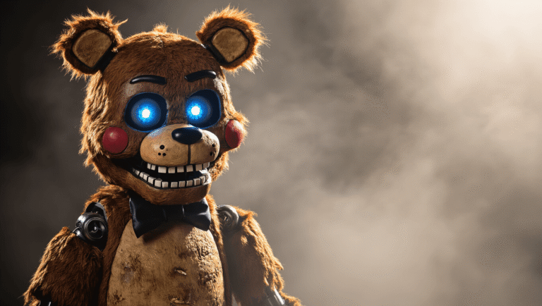 FNAF Cosplay: Your Ultimate Guide to Becoming an Animatronic Legend A detailed Freddy Fazbear cosplay costume featuring rich brown fur, glowing blue eyes, and visible metallic joints, set against a dark, foggy studio background with dramatic lighting and deep shadows.