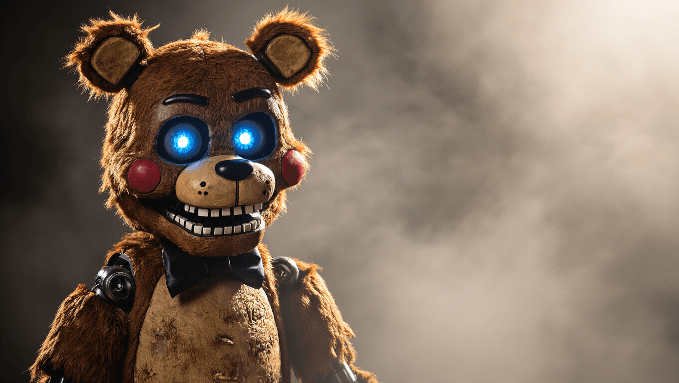 A detailed Freddy Fazbear cosplay costume featuring rich brown fur, glowing blue eyes, and visible metallic joints, set against a dark, foggy studio background with dramatic lighting and deep shadows.