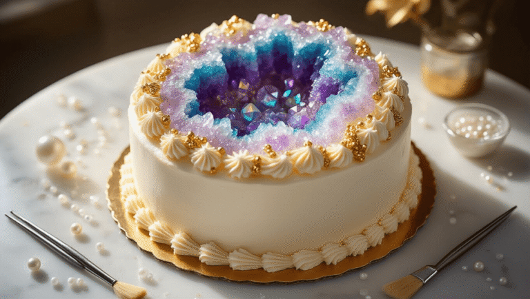 Geode Birthday Cake: A Stunning Edible Masterpiece Cinematic close-up of a luxurious geode birthday cake with iridescent rock candy crystals set on a marble surface, featuring a smooth vanilla buttercream exterior and metallic gold accents, softened by warm golden hour lighting and surrounded by edible pearls and sugar crystals.