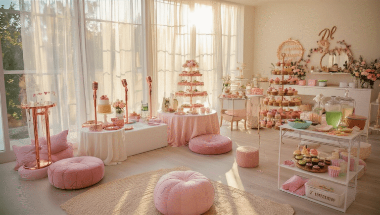 Ultimate Guide to Girl's Birthday Party Themes and Styling in 2025 A beautifully arranged girls' birthday party setup featuring themed stations such as a Taylor Swift karaoke corner, a luxurious DIY spa area, and a rustic baking station, illuminated by golden hour sunlight.