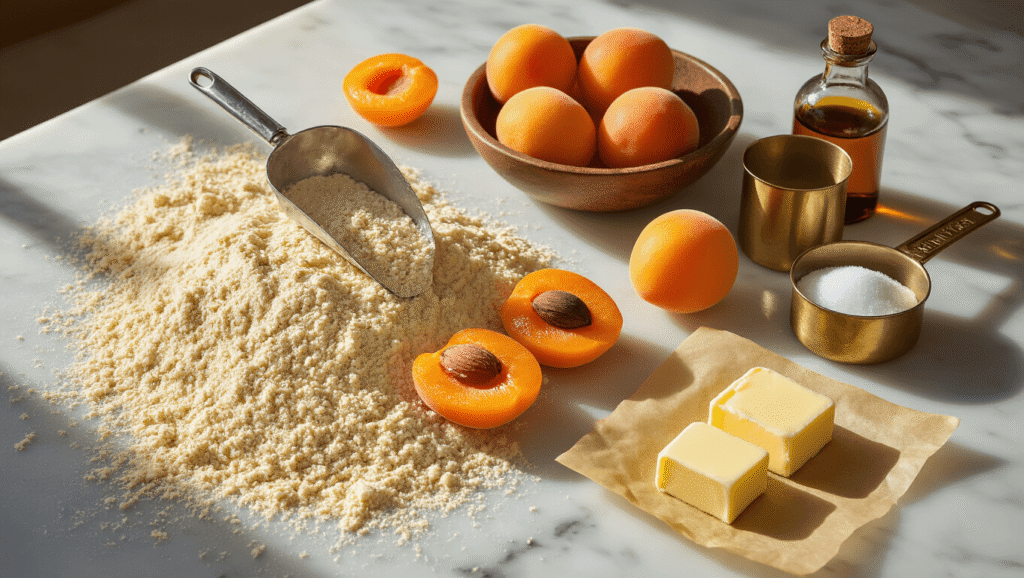 Gluten-Free Almond Apricot Birthday Cake: A Delightful Celebration Dessert Cinematic overhead shot of a sunlit marble kitchen counter featuring a gluten-free almond apricot birthday cake preparation, including golden almond flour, vibrant apricot halves, rustic brown eggs, creamy butter pats, sparkling sugar crystals, vanilla extract, and antique measuring cups, all in a warm color palette with soft lighting and a cozy baking atmosphere.