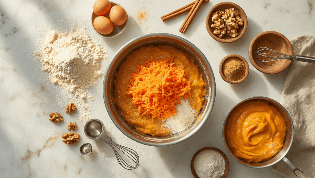 Gluten-Free Carrot Birthday Cake: A Deliciously Moist Celebration Dessert Cinematic overhead shot of a rustic marble countertop with grated orange carrots, warm amber batter in a mixing bowl, spices in wooden bowls, gluten-free flour, and walnut pieces, all illuminated by soft afternoon light, creating a cozy baking atmosphere.