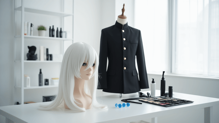 The Ultimate Guide to Nailing Your Gojo Satoru Cosplay A bright photography studio showcasing a styled white cosplay wig on a mannequin, a pressed black uniform on a sleek rack, and a tidy makeup station with blue contact lenses under natural light.