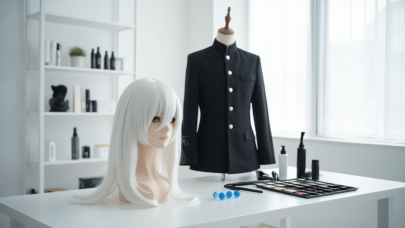 A bright photography studio showcasing a styled white cosplay wig on a mannequin, a pressed black uniform on a sleek rack, and a tidy makeup station with blue contact lenses under natural light.