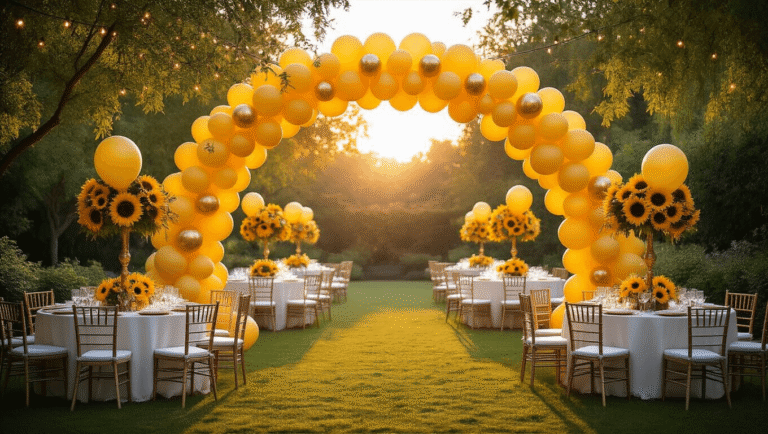 Sunshine in a Balloon: The Ultimate Guide to Yellow Balloon Decor A vibrant garden party at golden hour, featuring a stunning yellow balloon arch, fairy lights, and elegant guests mingling amidst floral centerpieces.