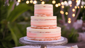 Guava and Cream Cheese Wedding Cake: A Tropical Dream Dessert Elegant three-tiered guava and cream cheese wedding cake on a silver stand, featuring soft pink ombré layers, fresh guava garnishes, and intricate piping, set against a defocused tropical garden with warm string lights.