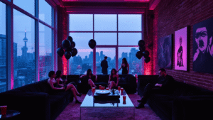 House of Balloons: The Mixtape That Transformed R&B Forever A cinematic photograph of a luxurious Toronto loft party at dusk, featuring city views, LED lighting, a turntable playing 'House of Balloons', young guests in dark attire, and atmospheric smoke, all captured in ultra-wide angle.