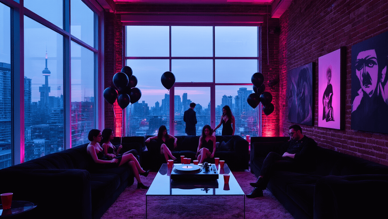 A cinematic photograph of a luxurious Toronto loft party at dusk, featuring city views, LED lighting, a turntable playing 'House of Balloons', young guests in dark attire, and atmospheric smoke, all captured in ultra-wide angle.