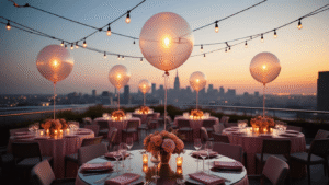 Illuminating Celebrations: The Ultimate Guide to Light Balloons for Unforgettable Events A luxurious rooftop terrace at golden hour adorned with illuminated clear balloons, warm LED lighting, modern glass dining tables with blush pink linens, and floral centerpieces, set against a vibrant city skyline, all captured in a photorealistic 8K resolution with soft lighting and a dreamy atmosphere.