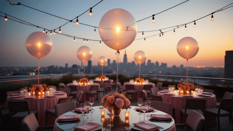 Illuminating Celebrations: The Ultimate Guide to Light Balloons for Unforgettable Events A luxurious rooftop terrace at golden hour adorned with illuminated clear balloons, warm LED lighting, modern glass dining tables with blush pink linens, and floral centerpieces, set against a vibrant city skyline, all captured in a photorealistic 8K resolution with soft lighting and a dreamy atmosphere.