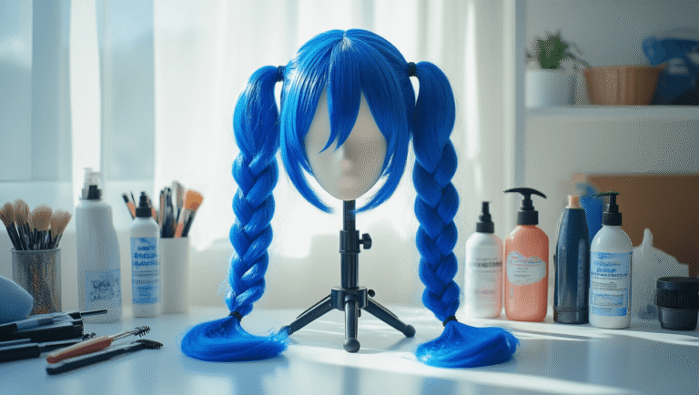 How to Create a Perfect Jinx Cosplay: A Complete DIY Guide A bright cosplay workspace showcasing a professional styling head with a vibrant electric blue wig in long braided pigtails, surrounded by various styling tools and craft supplies, illuminated by natural daylight.