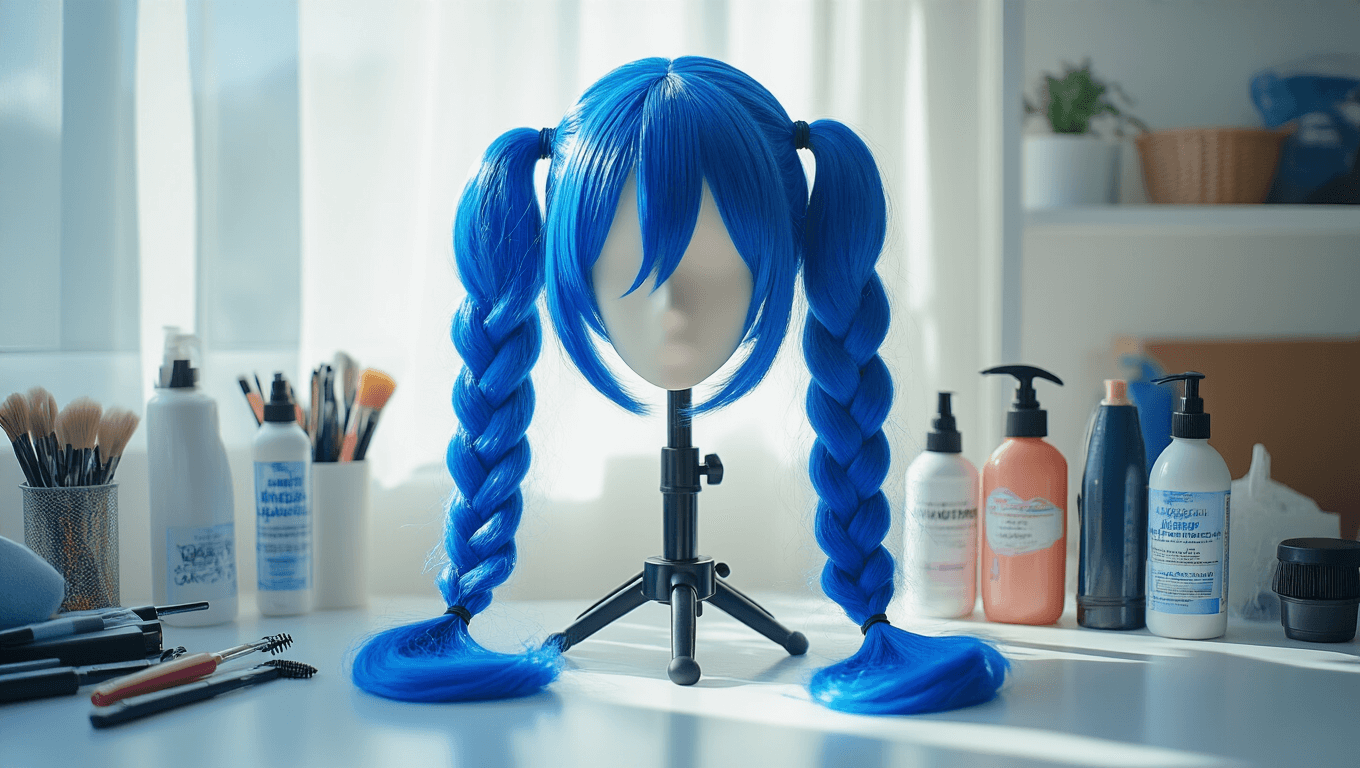 A bright cosplay workspace showcasing a professional styling head with a vibrant electric blue wig in long braided pigtails, surrounded by various styling tools and craft supplies, illuminated by natural daylight.