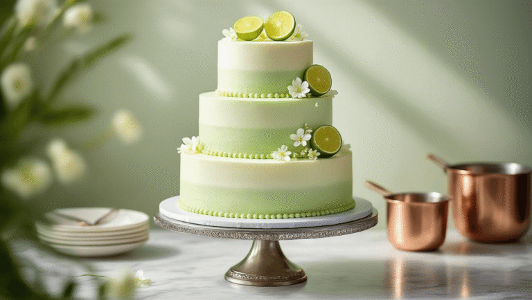Key Lime Wedding Cake: A Tropical Celebration of Flavor A stunning three-tiered key lime wedding cake with mint-green to white ombré frosting, garnished with lime slices and edible flowers, displayed on a silver stand with a soft-focus backdrop of bakery elements.
