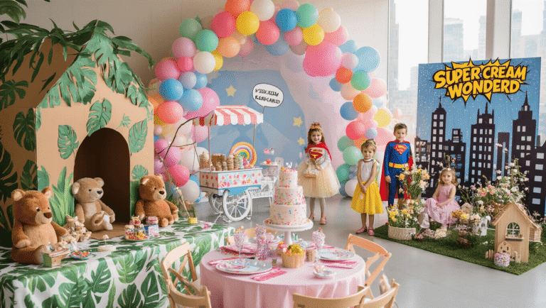Ultimate 4-Year-Old Birthday Party Guide: Themes, Decor, and Memories that Sparkle! Vibrant birthday party scene featuring multiple themes: jungle safari with cardboard treehouse and stuffed animals, ice cream wonderland with pastel balloons and cart, superhero zone with cityscape backdrop and children in capes, and a fairy garden with twinkle lights and miniature houses, all beautifully lit in warm golden hour light.