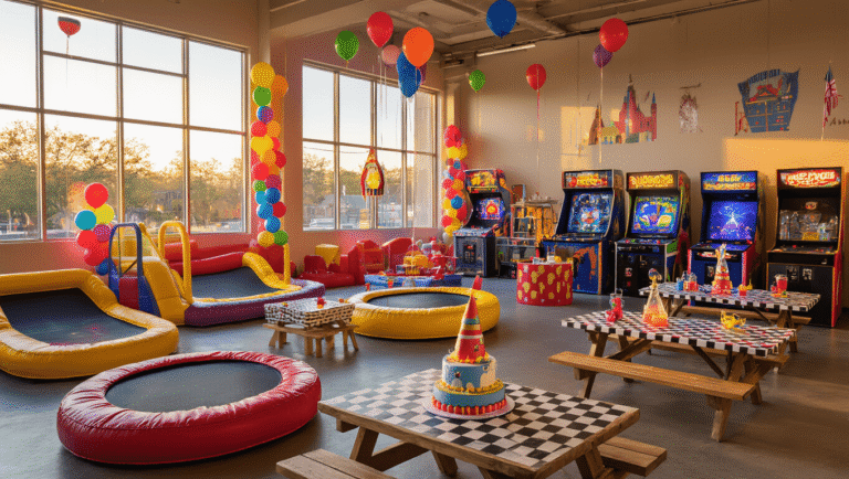 Ultimate Guide to Kids' Birthday Party Venues in Houston: Exciting Spaces for Unforgettable Celebrations A vibrant kids' birthday party venue in Houston featuring trampolines, arcade games, and science stations, illuminated by warm golden hour light, with rainbow balloons, superhero decorations, and a rocket ship cake, capturing joyful children and parents in an energetic atmosphere.
