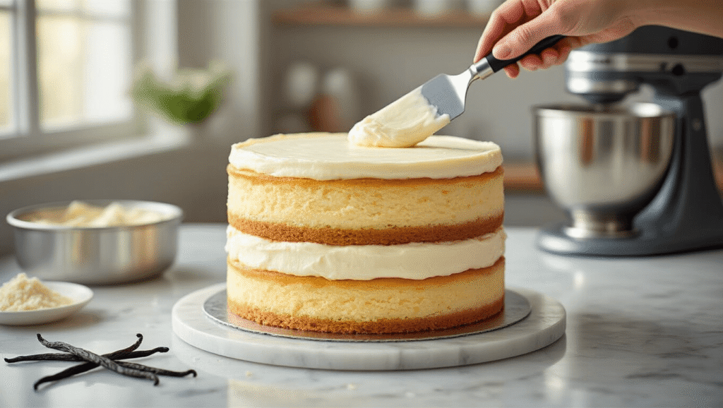 Cheesecake-Layered Birthday Cake: The Ultimate Celebration Dessert Photorealistic image of a layered cheesecake cake assembly on a marble countertop, featuring a golden vanilla cake base, a white cheesecake layer, and topped with another vanilla layer. Cream cheese frosting is being spread with a spatula on a rotating cake stand, surrounded by scattered vanilla beans, sugar particles, a KitchenAid mixer, and vintage bowls filled with ingredients. Soft natural lighting enhances the textures and layers with a slight depth of field blur.