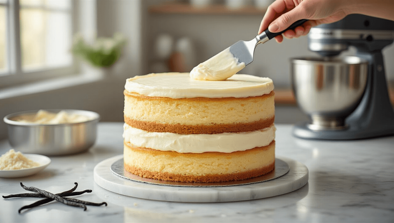Photorealistic image of a layered cheesecake cake assembly on a marble countertop, featuring a golden vanilla cake base, a white cheesecake layer, and topped with another vanilla layer. Cream cheese frosting is being spread with a spatula on a rotating cake stand, surrounded by scattered vanilla beans, sugar particles, a KitchenAid mixer, and vintage bowls filled with ingredients. Soft natural lighting enhances the textures and layers with a slight depth of field blur.