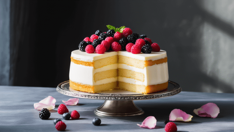 Panna Cotta Birthday Cake: A Luxurious Fusion Dessert A beautifully layered panna cotta birthday cake on a silver stand, featuring golden vanilla sponge and white panna cotta, adorned with fresh berries and rose petals, captured in soft natural light against a dark background.