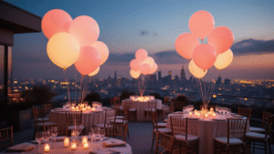 Illuminate Your Celebrations: The Ultimate Guide to LED Balloons A magical nighttime rooftop terrace celebration featuring ethereal glowing LED balloons in blush pink and cream, elegant tables with ivory silk linens, and candle centerpieces, all against a blurred city skyline in a dreamy atmospheric haze.