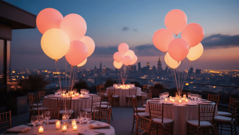 Illuminate Your Celebrations: The Ultimate Guide to LED Balloons A magical nighttime rooftop terrace celebration featuring ethereal glowing LED balloons in blush pink and cream, elegant tables with ivory silk linens, and candle centerpieces, all against a blurred city skyline in a dreamy atmospheric haze.