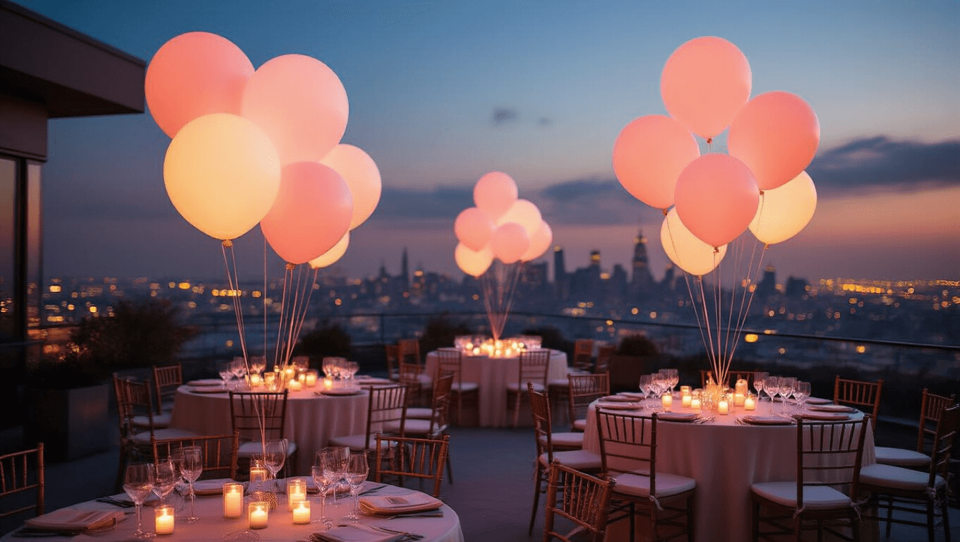A magical nighttime rooftop terrace celebration featuring ethereal glowing LED balloons in blush pink and cream, elegant tables with ivory silk linens, and candle centerpieces, all against a blurred city skyline in a dreamy atmospheric haze.