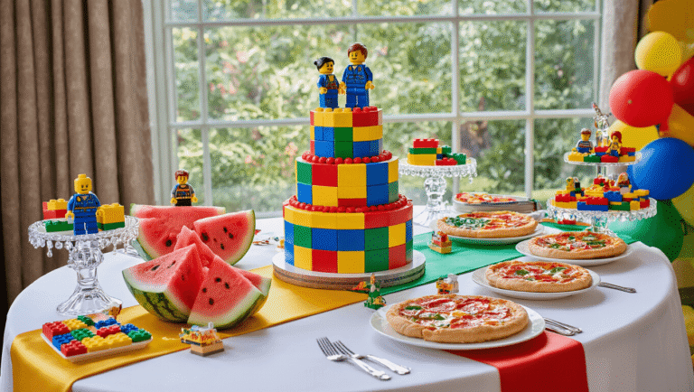 Ultimate LEGO Birthday Party Guide: Transform Your Celebration into a Brick-tastic Bash! Luxurious LEGO-themed birthday party tablescape featuring a multi-tiered brick cake, geometric watermelon carvings, artisanal pizza, custom minifigure cookies, and vibrant decorations, all under warm golden hour lighting.