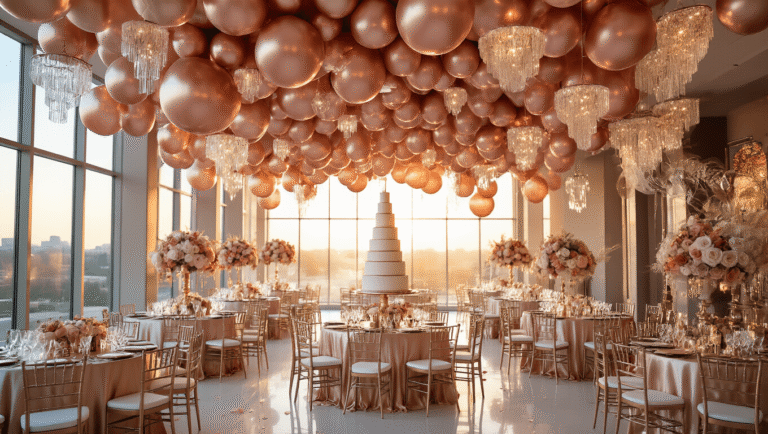 Rose Gold Balloons: The Ultimate Guide to Stunning Event Decor A luxurious event space adorned with cascading rose gold balloon installations, featuring an elegant tablescape with champagne silk linens, brass geometric centerpieces, and scattered rose petals, all bathed in warm ambient lighting and golden hour sunlight.