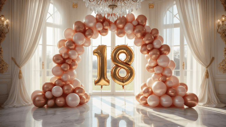 Elevate Your 18th Birthday Bash: The Ultimate Balloon Guide Photorealistic image of a grand ballroom entrance decorated with a dramatic balloon arch featuring metallic gold '18' foil balloons and a cascade of rose gold, blush pink, and pearl white latex balloons. Golden hour sunlight illuminates the scene, highlighting a crystal chandelier and polished marble flooring, with sheer ivory drapery and an ornate gold-framed mirror in the background. Hyperrealistic balloon textures and expert lighting create a glamorous ambiance.