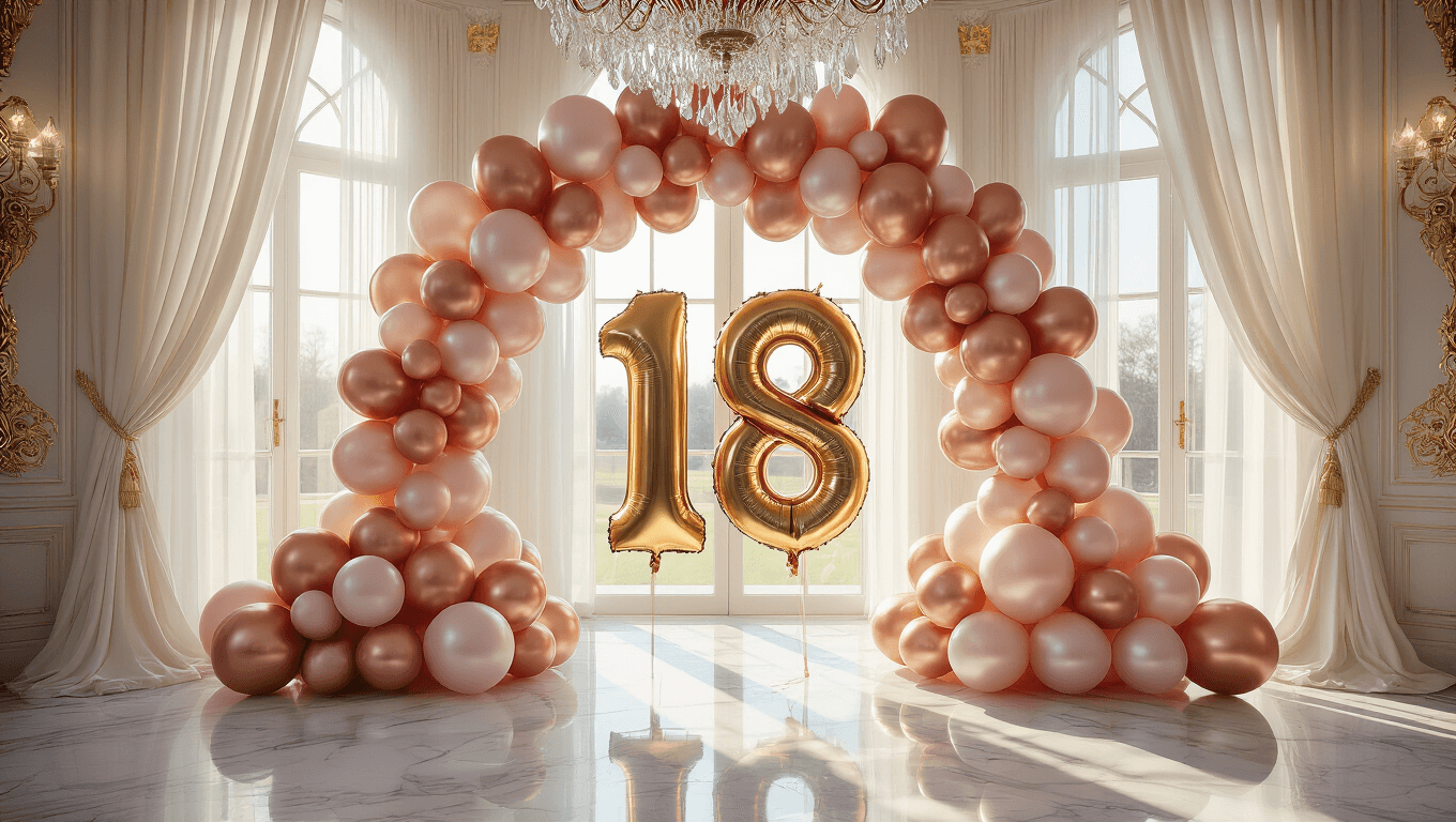 Photorealistic image of a grand ballroom entrance decorated with a dramatic balloon arch featuring metallic gold '18' foil balloons and a cascade of rose gold, blush pink, and pearl white latex balloons. Golden hour sunlight illuminates the scene, highlighting a crystal chandelier and polished marble flooring, with sheer ivory drapery and an ornate gold-framed mirror in the background. Hyperrealistic balloon textures and expert lighting create a glamorous ambiance.