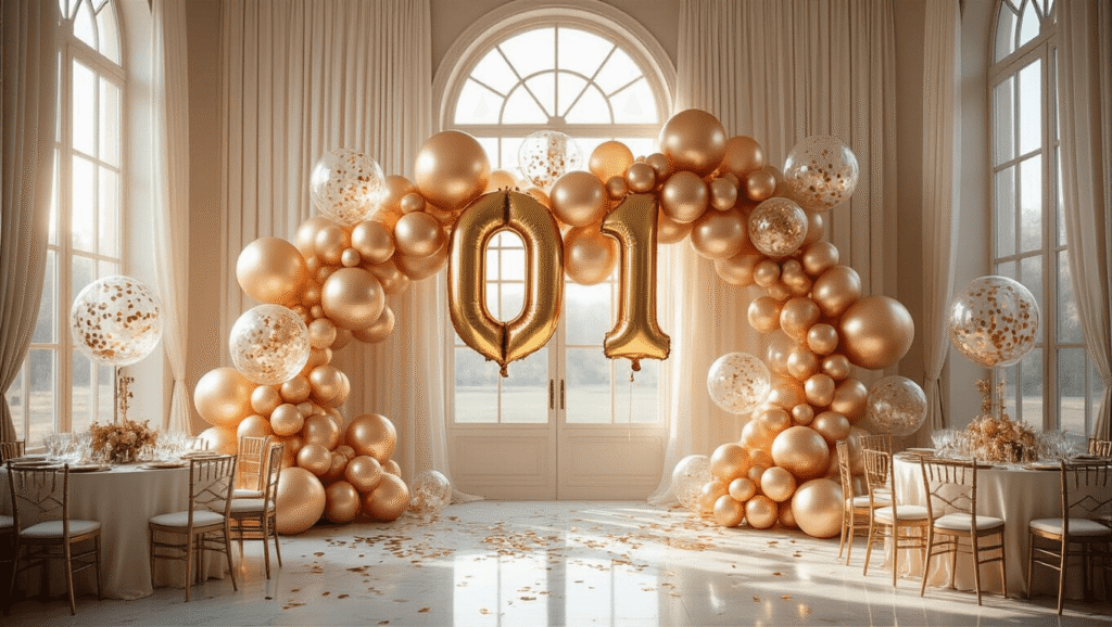 Gold Balloon Decorations: The Ultimate Guide to Glamorous Event Styling Luxurious event space decorated with gold and rose gold balloons, soft golden hour lighting, ivory silk draped walls, polished marble floors, elegant table settings, and warm candlelight; showcasing sophisticated gold balloon decor.