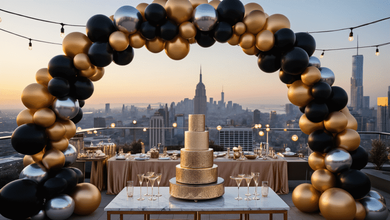 Elevate Your 30th Birthday Bash: The Ultimate Guide to Stunning Balloon Decor Ultra-wide shot of a luxurious rooftop terrace at golden hour, featuring a dramatic black, gold, and silver balloon arch, champagne-colored table settings, a marble dessert cart with a metallic cake, and ambient lighting, all against a glittering city skyline.