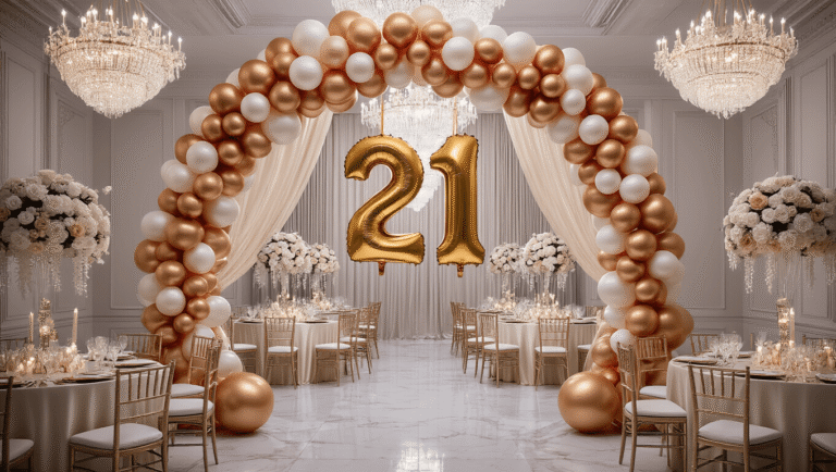 21 Balloons: The Ultimate Guide to Creating an Unforgettable 21st Birthday Celebration Opulent ballroom decorated for a 21st birthday with gold and champagne balloon arch, metallic "21" balloons, crystal chandeliers, ivory silk tables with floral centerpieces, cascading balloon garlands, and a sparkling champagne tower, captured in warm golden hour lighting.