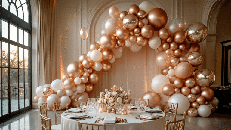 Mastering Foil Balloons: The Ultimate Guide to Stunning Event Decor A luxurious event styling setup in a grand ballroom, featuring a dramatic balloon installation with gold, rose gold, and champagne foil balloons, a stunning tablescape with crystal candelabras and silk linens, and an organic balloon arch, all illuminated by soft golden hour light.