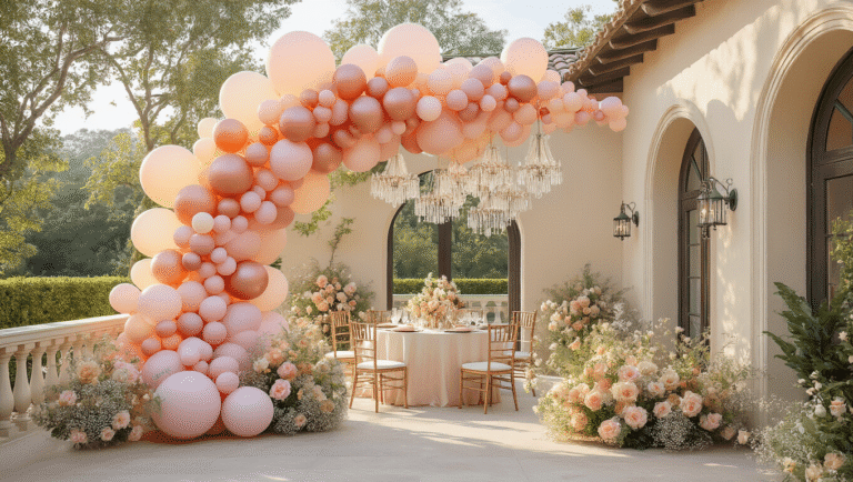 Stunning Bridal Shower Balloon Decor: Your Ultimate Guide to Picture-Perfect Celebrations Photorealistic image of an elegant garden terrace featuring a stunning balloon installation in ombré blush pink to rose gold, adorned with preserved flowers, crystal chandeliers, and beautifully set tables with silk linens and decorative elements, all illuminated by warm lighting during golden hour.