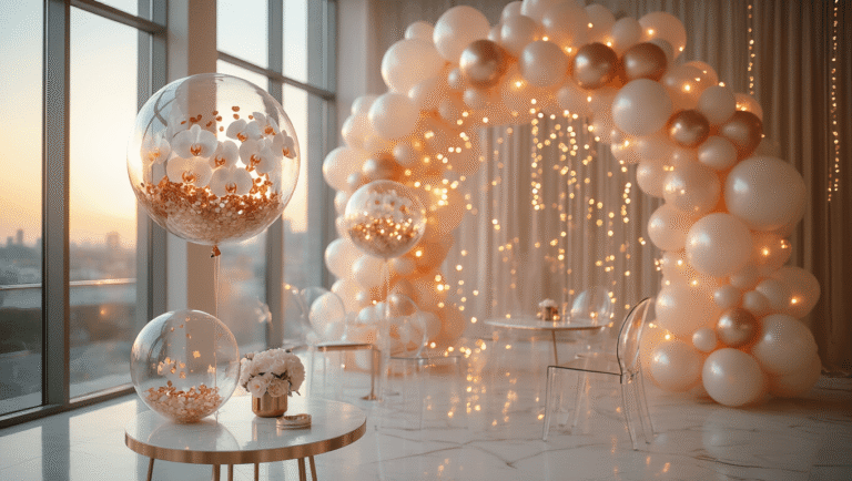 Bubble Balloons: The Ultimate Guide to Stunning Event Styling Photorealistic image of an elegant event space featuring a grand bubble balloon installation with fresh white orchids and rose gold confetti, illuminated by soft natural light. A matte white marble table with brass accents and ghost chairs is in the foreground, while a gradient arch of champagne to blush pink bubble balloons forms the background. The composition captures reflections and prismatic effects in high detail.